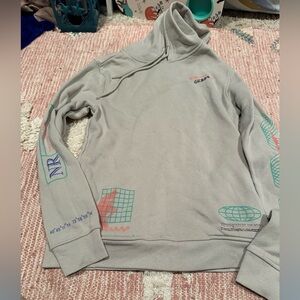 Brooklyn Cloth hoodie. Gray Graphic Sweatshirt with Blue and Green Accents. Y2K